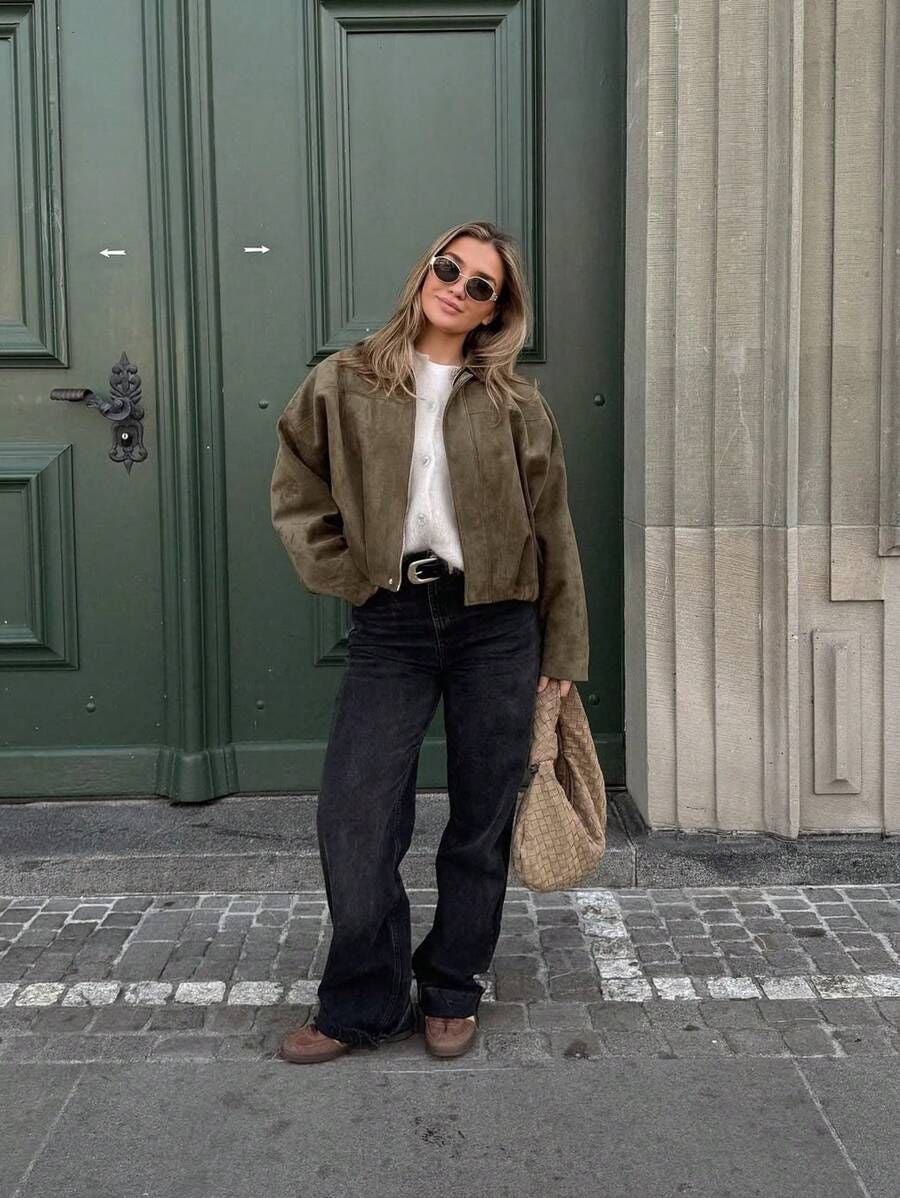 Olive Suede Bomber Jacket