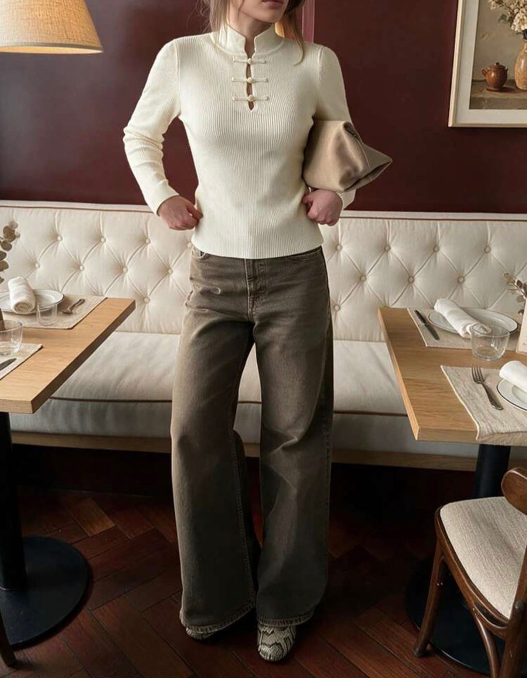 Pearl-Detail Ribbed Knit Top